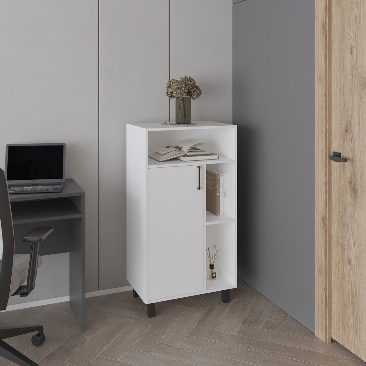 Bryce Base Cabinet, Compact Organizer, With One Door, Open Shelves And Top Display Space, White