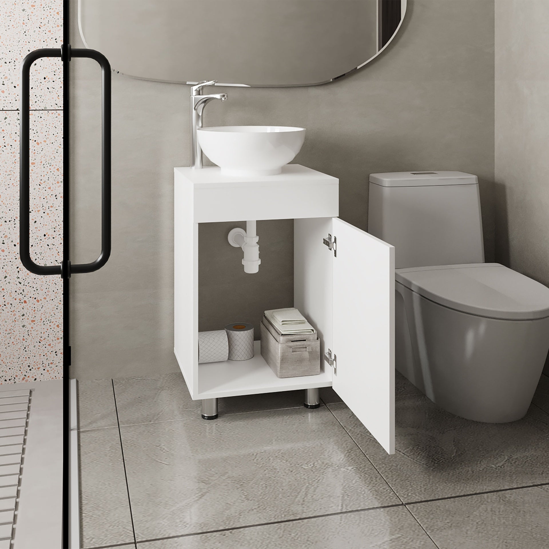 Tacna 18" Wide Free Standing One Door Vanity, With Vessel Porcelain Sink, Bathroom Storage, White