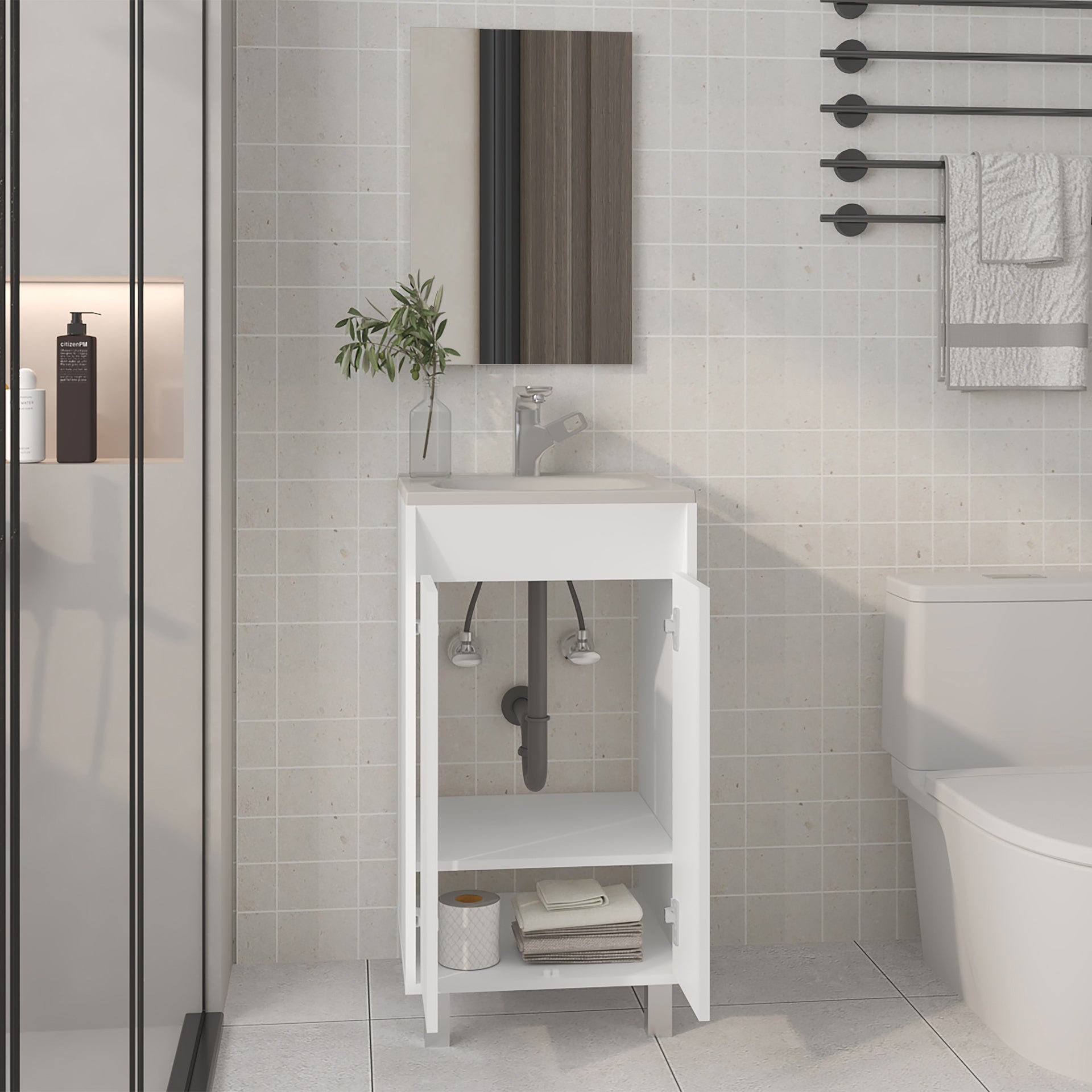Brady Mirror Bathroom Cabinet, One Door, Two Shelves, White