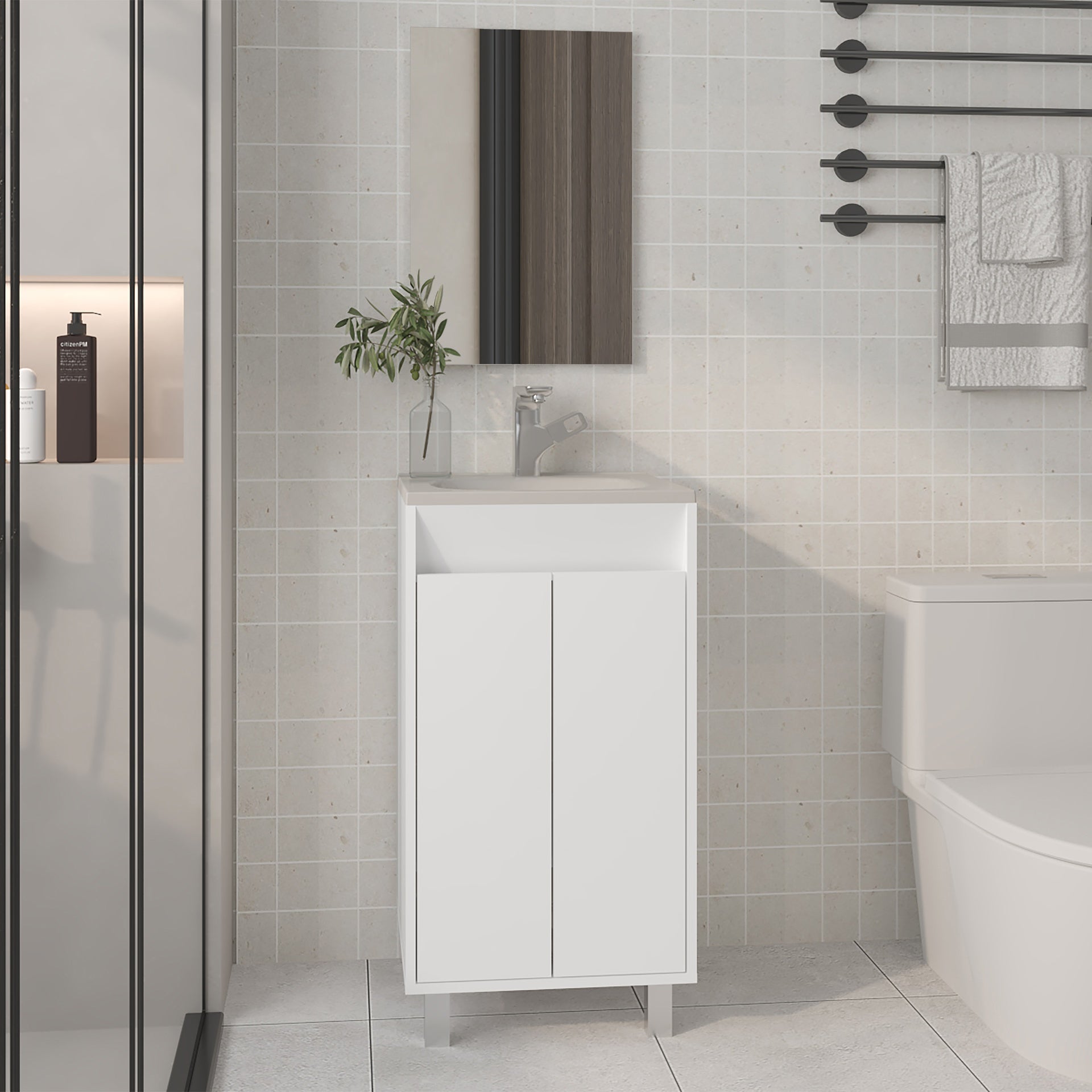 Brady Mirror Bathroom Cabinet, One Door, Two Shelves, White