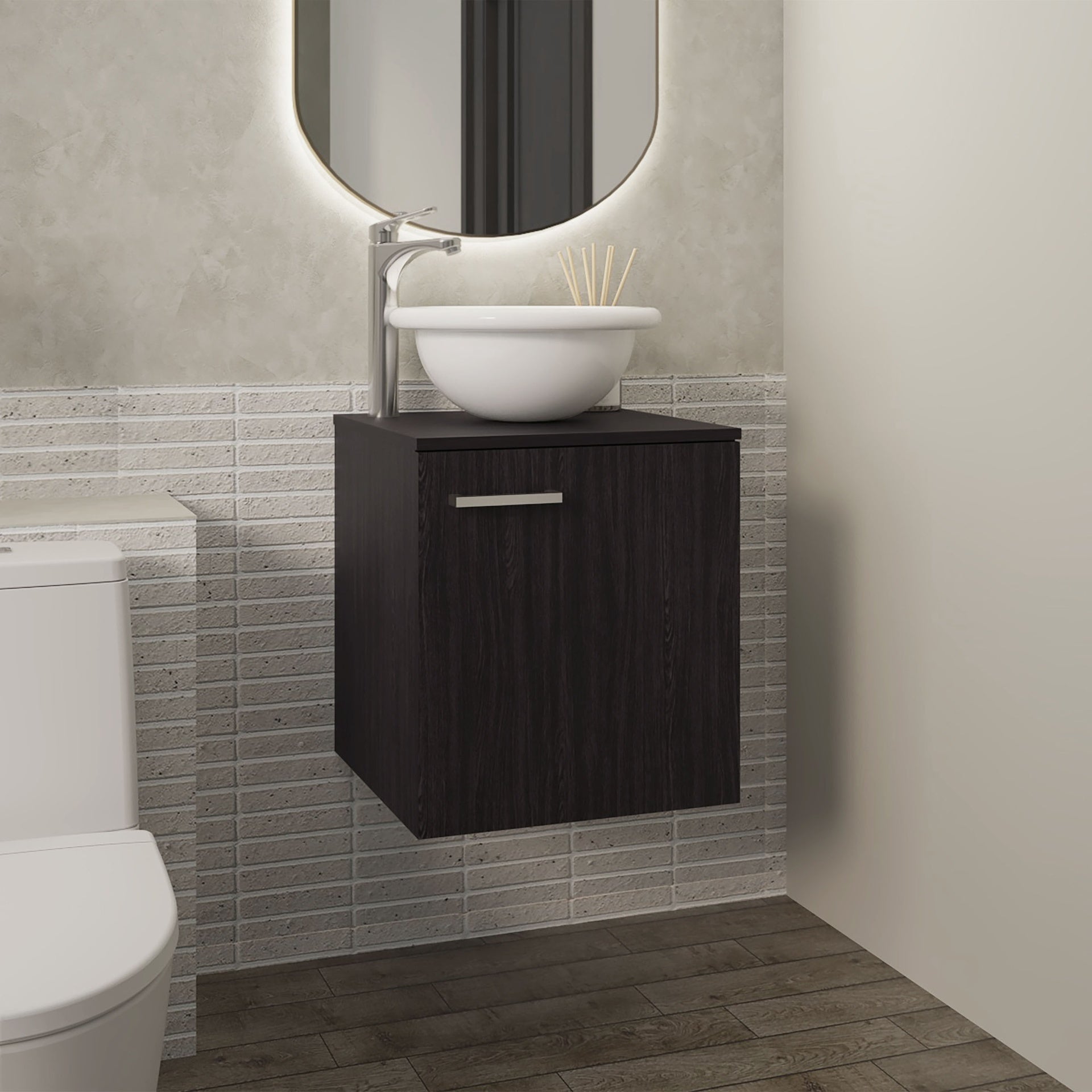 Clyde Floating, Wide One-Door Cabinet Vanity, With Wessel Sink And One Shelf, Bathroom Storage, Black