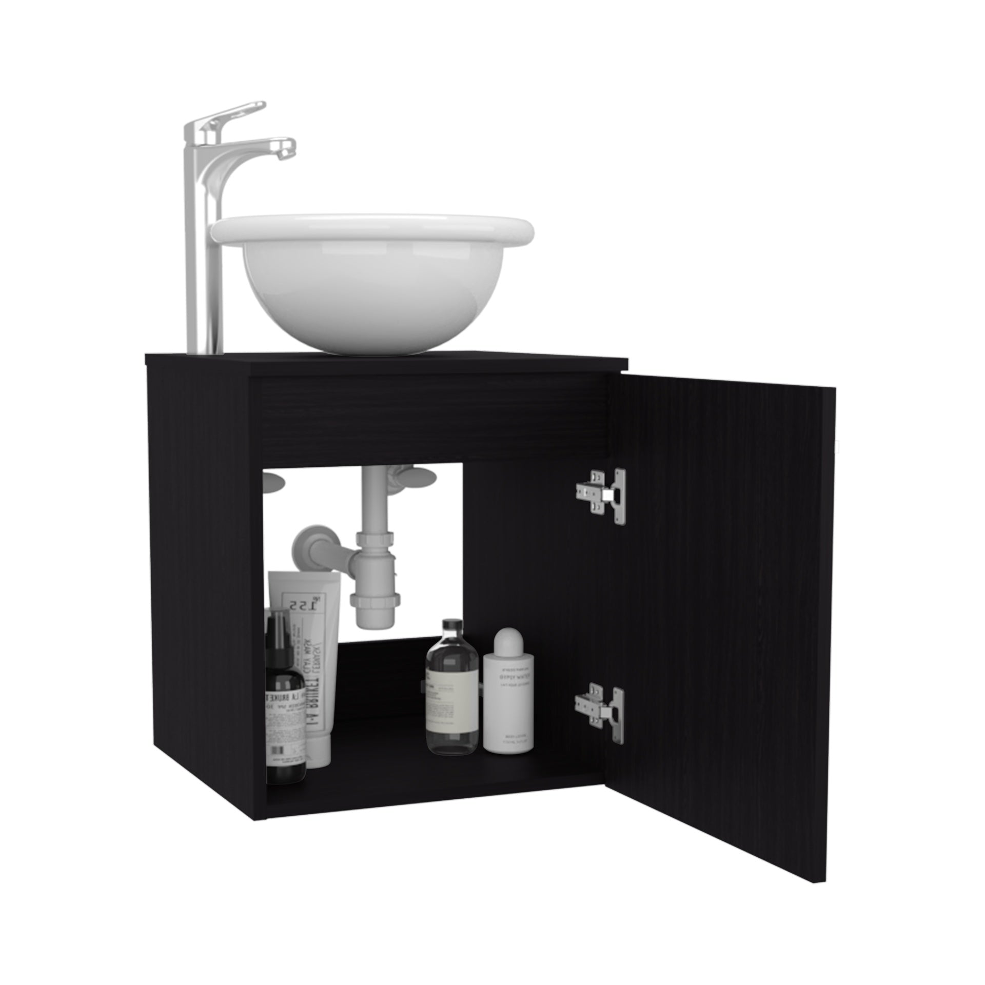 Clyde Floating, Wide One-Door Cabinet Vanity, With Wessel Sink And One Shelf, Bathroom Storage, Black