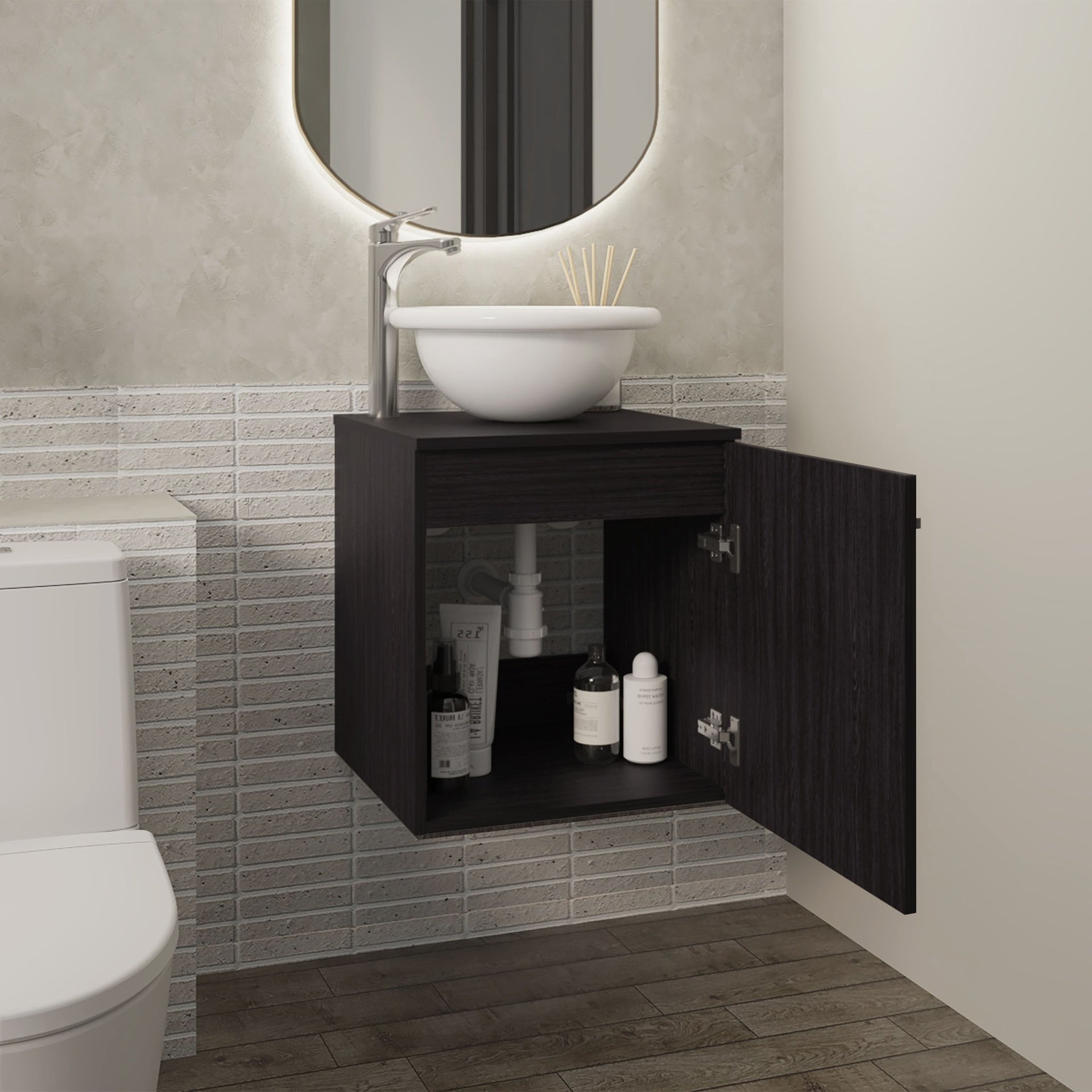 Clyde Floating, Wide One-Door Cabinet Vanity, With Wessel Sink And One Shelf, Bathroom Storage, Black