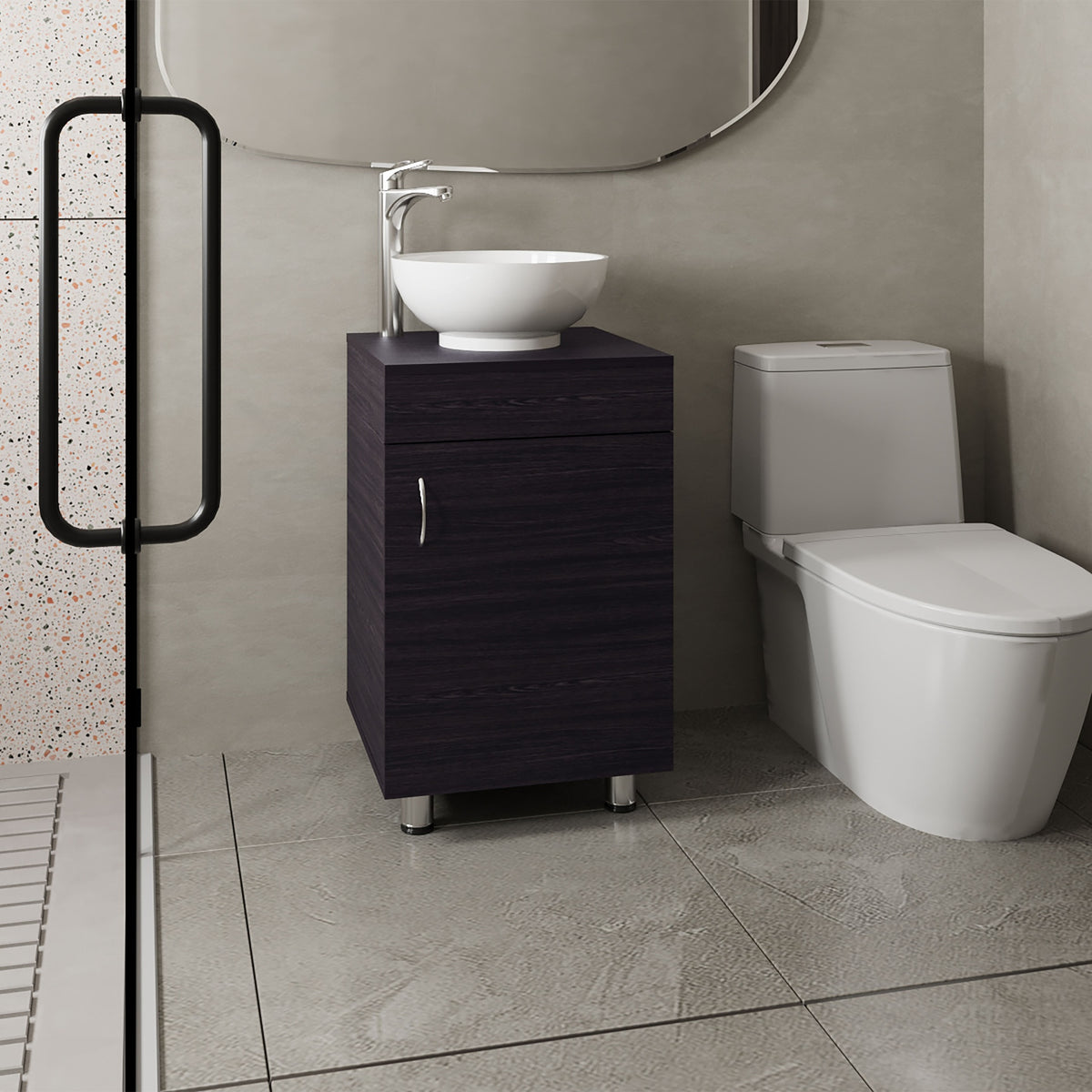 Tacna 18" Wide Free Standing One Door Vanity, With Vessel Porcelain Sink, Bathroom Storage, Black