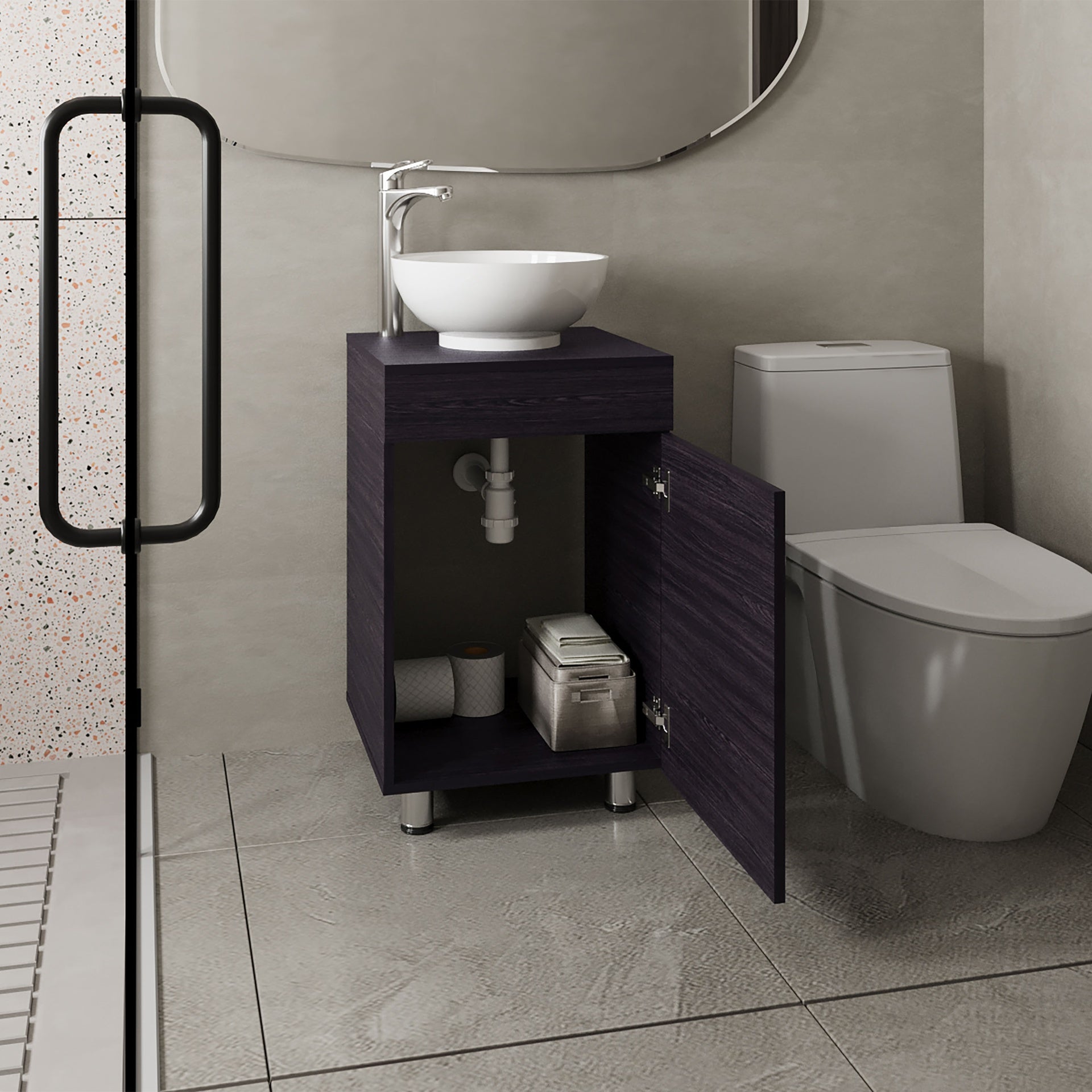 Tacna 18" Wide Free Standing One Door Vanity, With Vessel Porcelain Sink, Bathroom Storage, Black