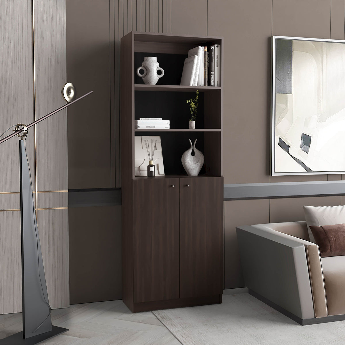 Home 2 Door Bookcase Cronos, 2 Open Shelves And Concealed Storage, Stained Walnut