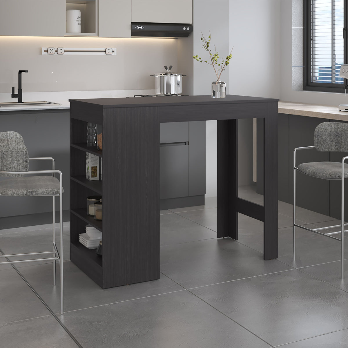 Greer Bar Table with 4 Storage Shelves, Compact Home Bar or Kitchen Furniture, Space-Saving Modern Design, Black