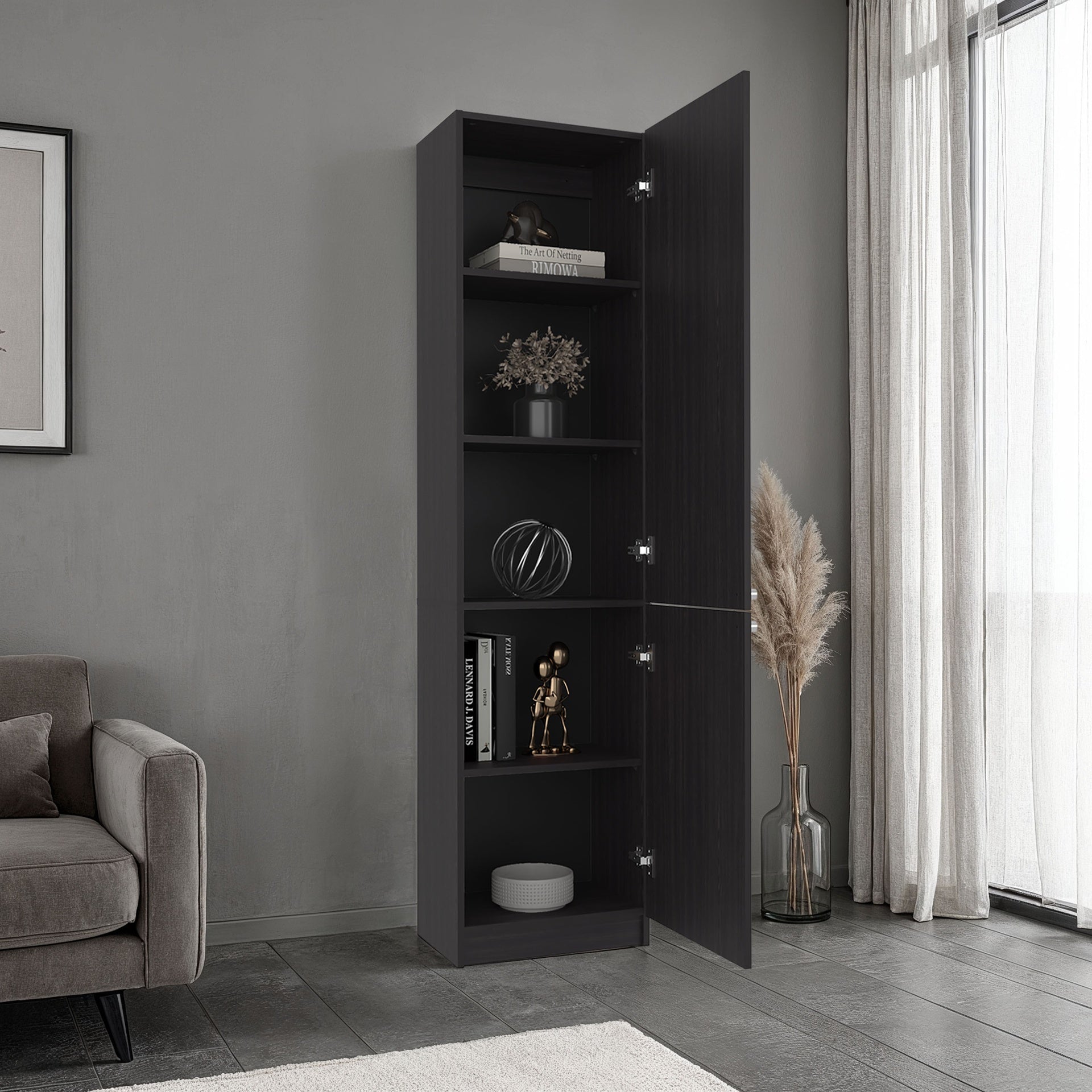 Home Tall Freestanding Bookcase with Double Doors and 5 Interior Storage Shelves, Vertical Storage Cabinet for Living Room, Office or Bedroom