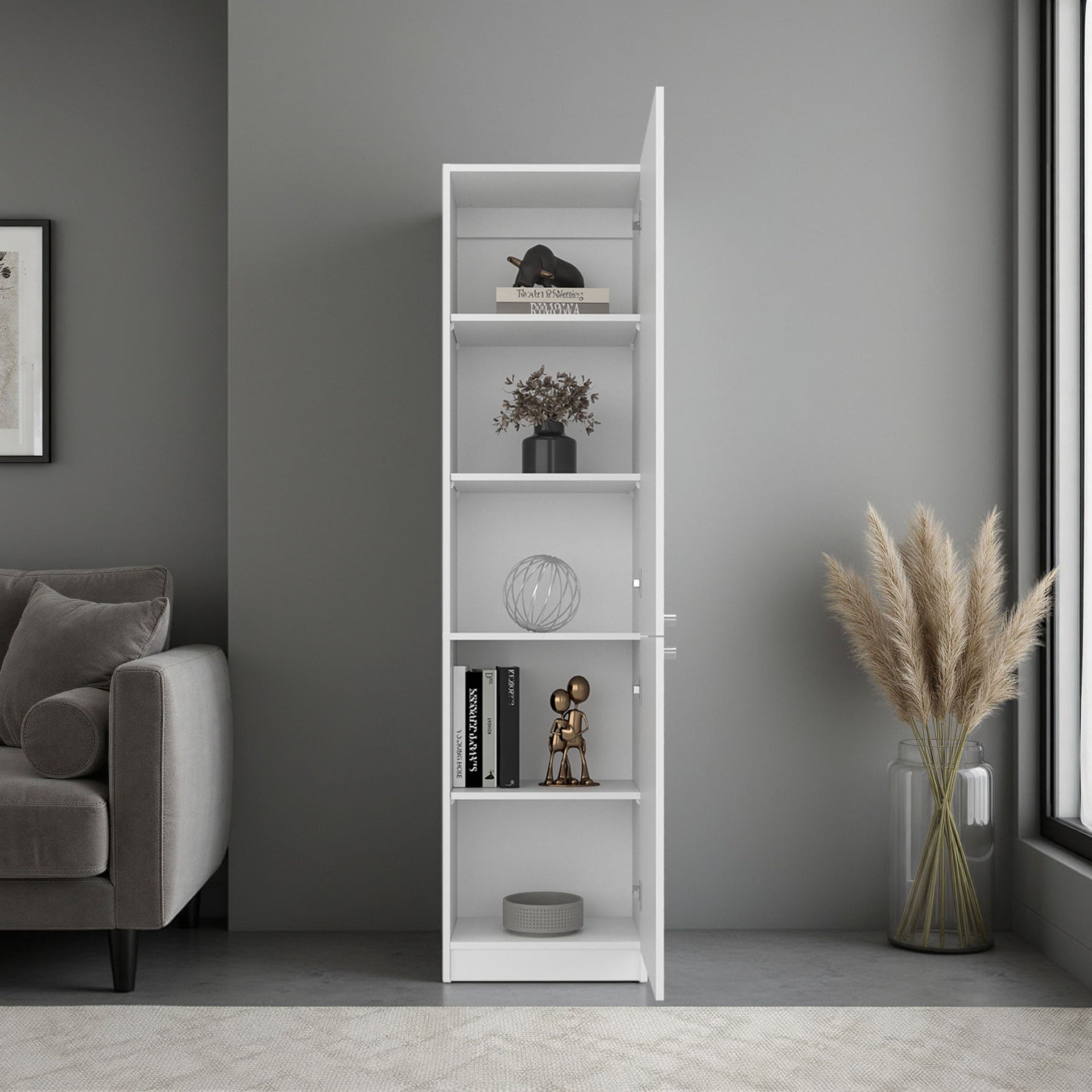 Home Tall Freestanding Bookcase with Double Doors and 5 Interior Storage Shelves, Vertical Storage Cabinet for Living Room, Office or Bedroom