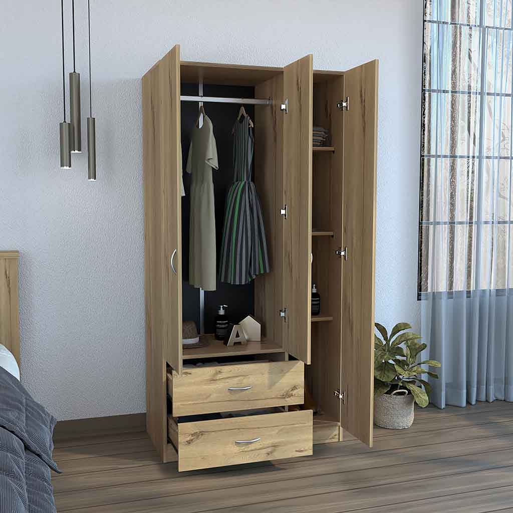 Austral 3 Door Armoire with Drawers, Shelves, and Hanging Rod -Light Oak / Black