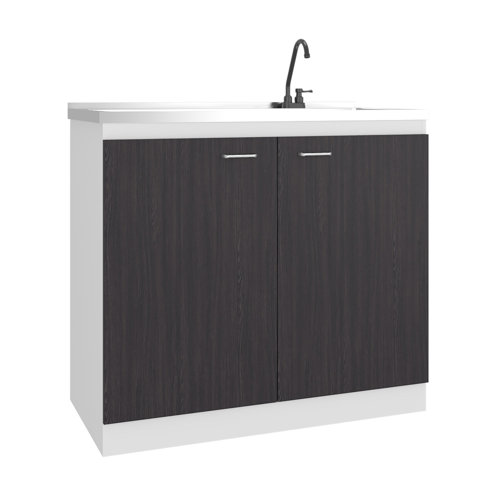Napoles Utility Sink with Faucet Inclued and Integrated Stainless Steel Counter top, Freestanding cabinet with two doors, Metal Handles and Two interior shelves, Black & White Print