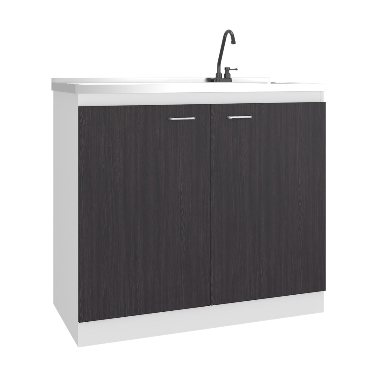 Napoles Utility Sink with Faucet Inclued and Integrated Stainless Steel Counter top, Freestanding cabinet with two doors, Metal Handles and Two interior shelves, Black & White Print
