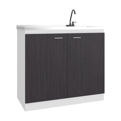 Napoles Utility Sink with Faucet Inclued and Integrated Stainless Steel Counter top, Freestanding cabinet with two doors, Metal Handles and Two interior shelves, Black & White Print