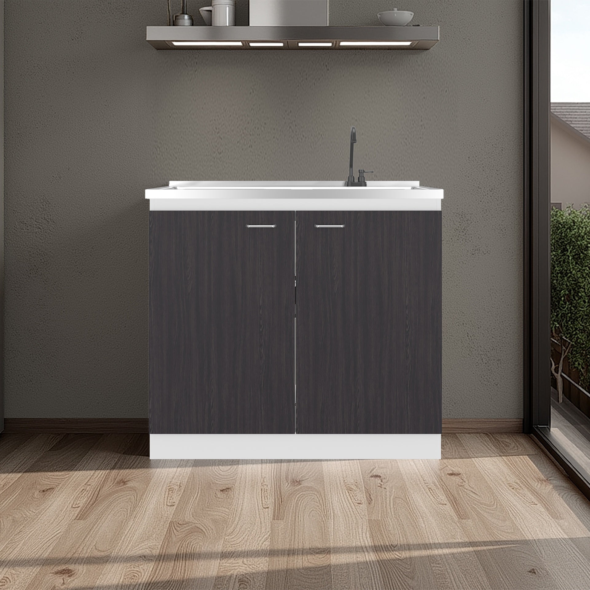 Napoles Utility Sink with Faucet Inclued and Integrated Stainless Steel Counter top, Freestanding cabinet with two doors, Metal Handles and Two interior shelves, Black & White Print