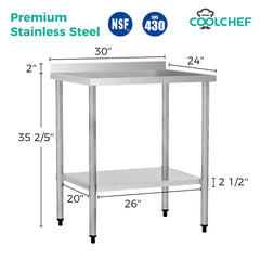 24" x 30" 18-Gauge Stainless Steel Commercial Work Table with 4" Backsplash and Undershelf