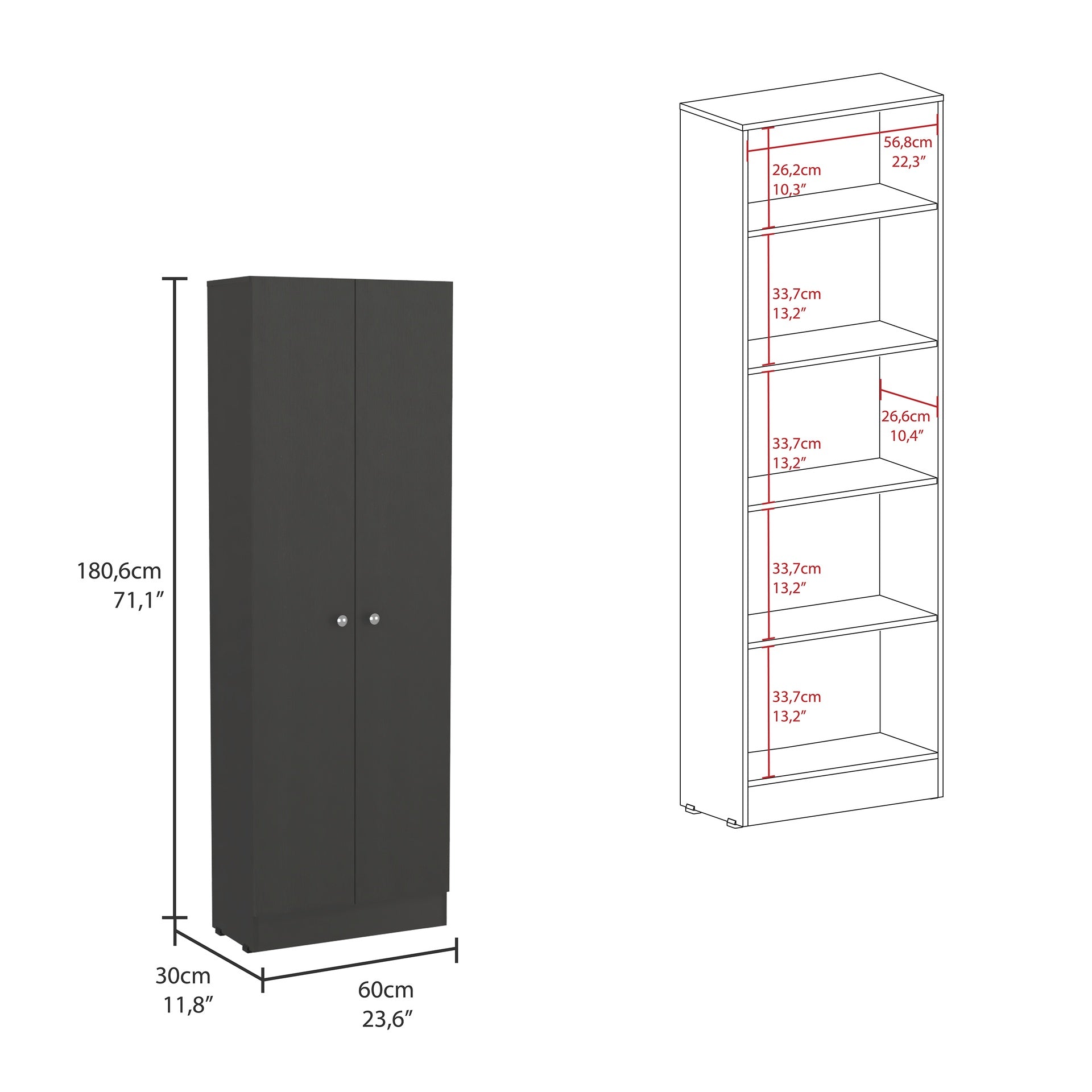 Multistorage Pantry Cabinet, Five Shelves, Double Door Cabinet -Black