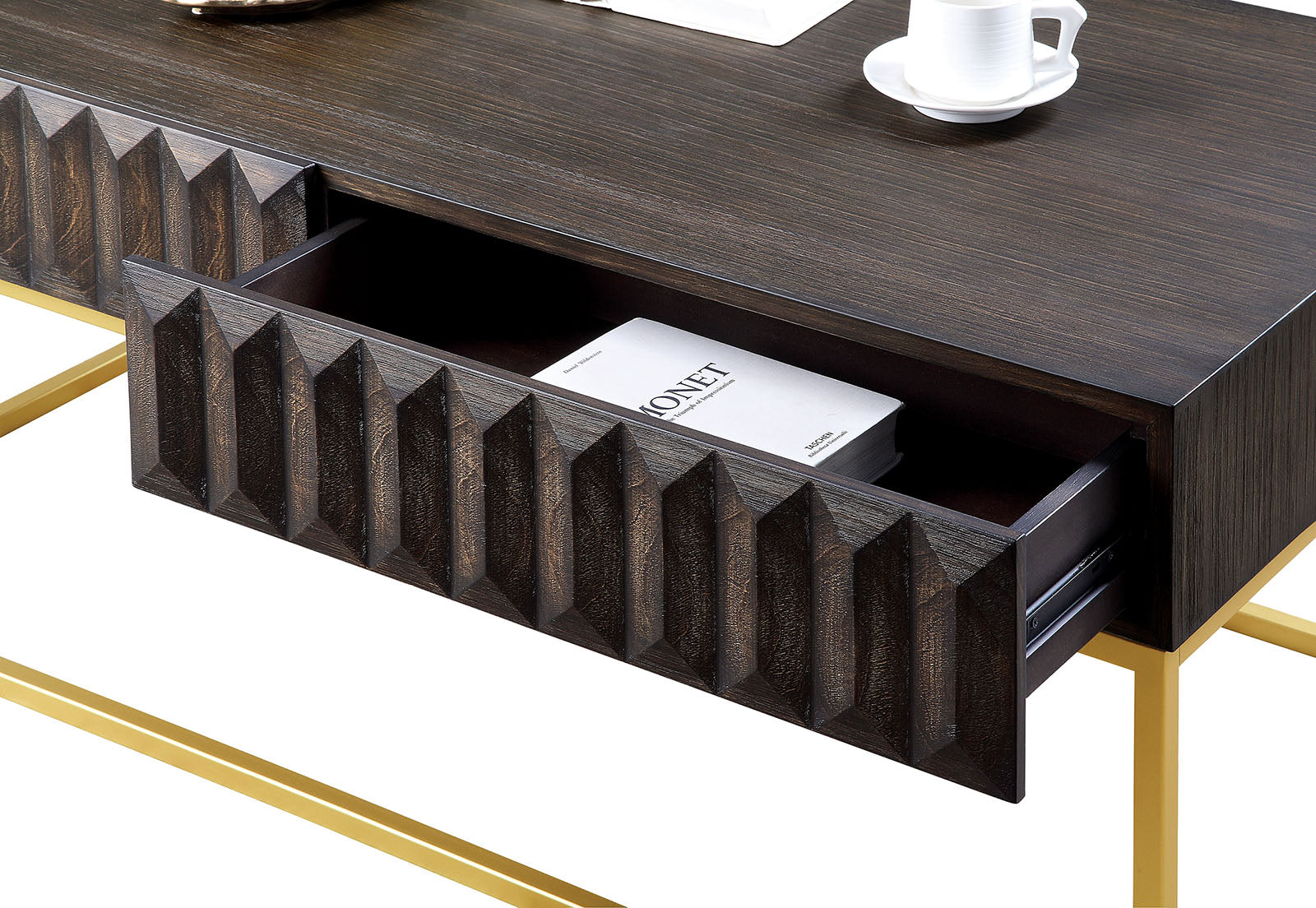Contemporary Style End Table Metal Structure Conceal Drawers Gold Steel legs Walnut And Gold Finish Ball Bearing Glides Texture Panel Coffee Table-Not Included