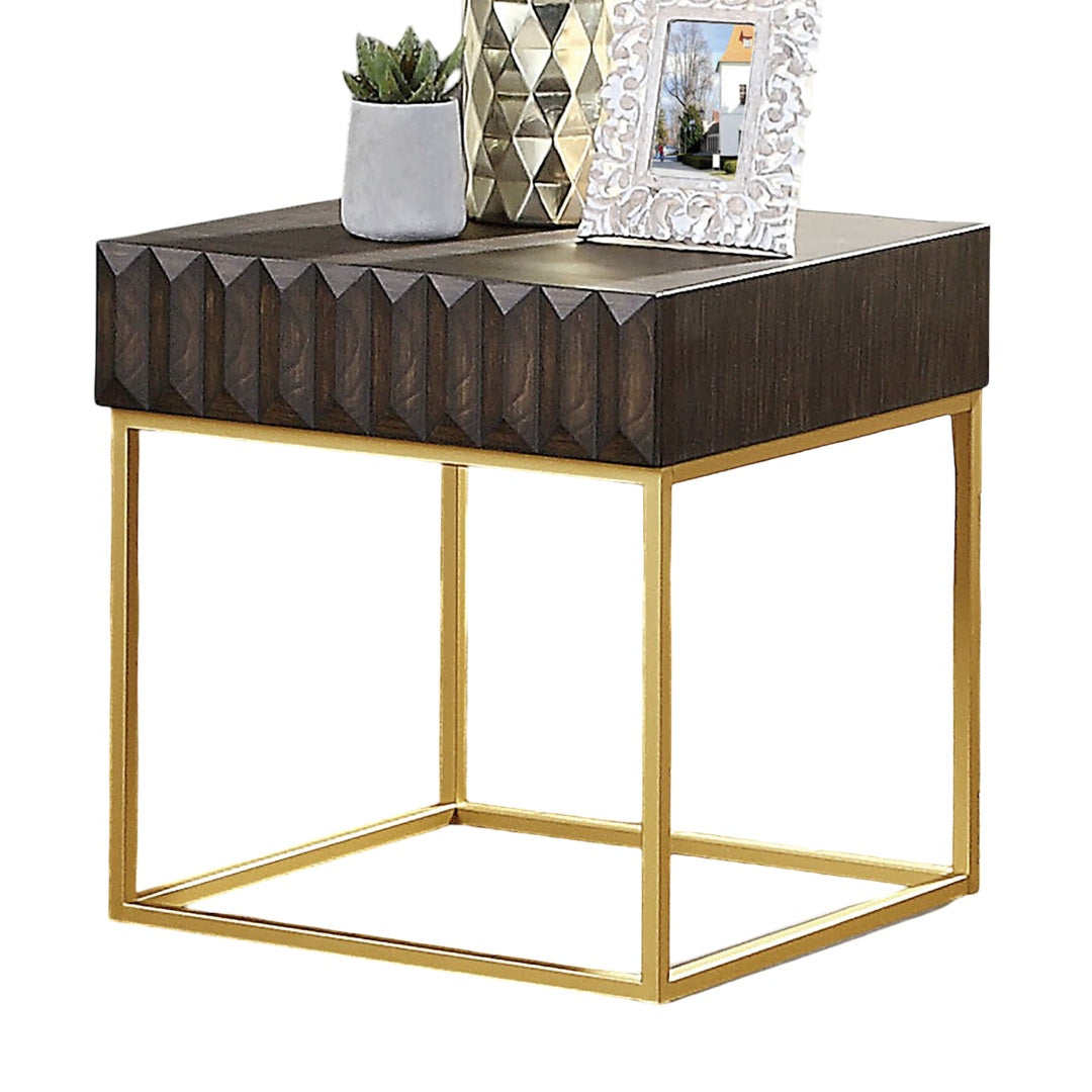 Contemporary Style End Table Metal Structure Conceal Drawers Gold Steel legs Walnut And Gold Finish Ball Bearing Glides Texture Panel Coffee Table-Not Included