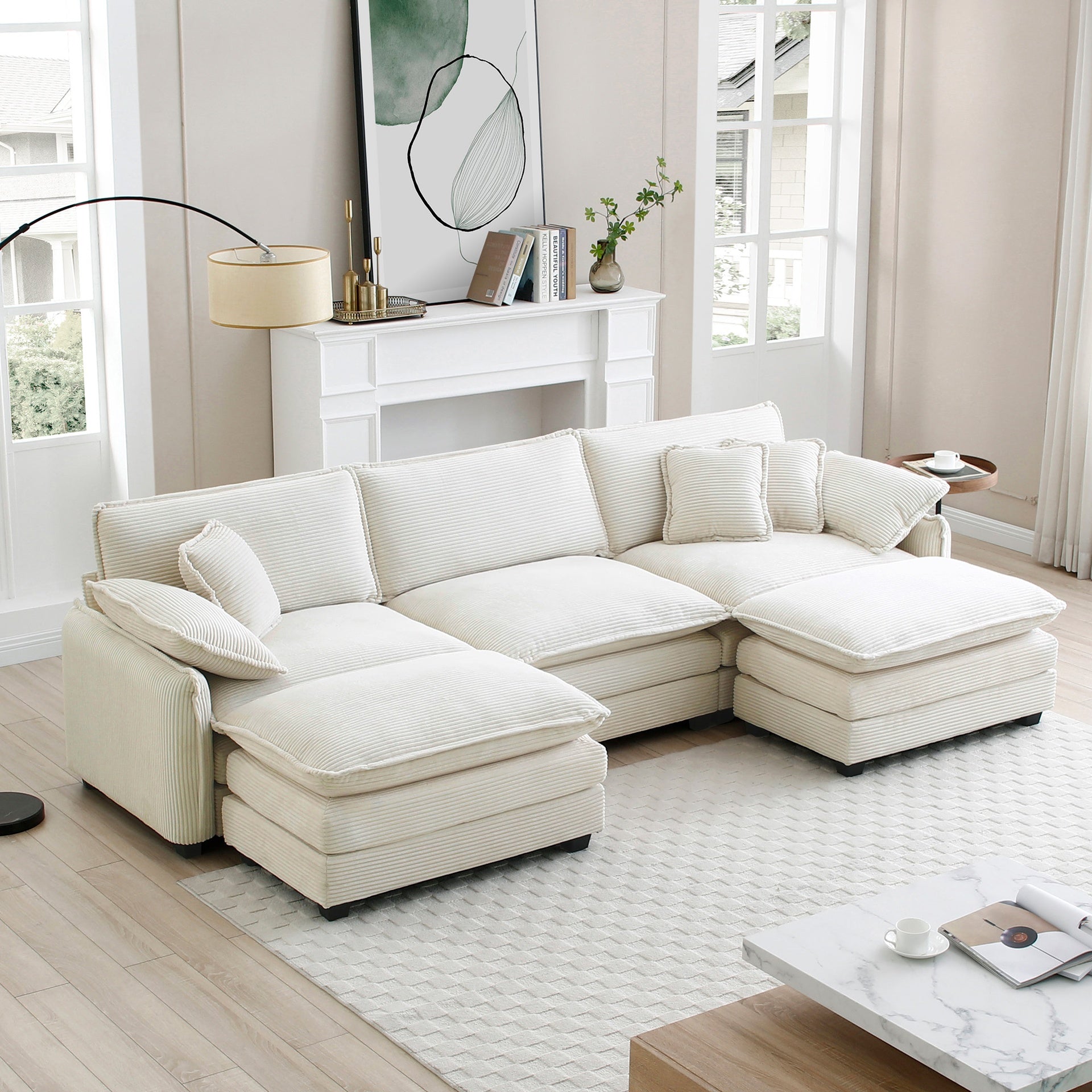 Oversized modular cushioned sofa with conversible ottoman, 3-seater sofa with 2 footstools, U shape sofa in Beige corduroy fabric