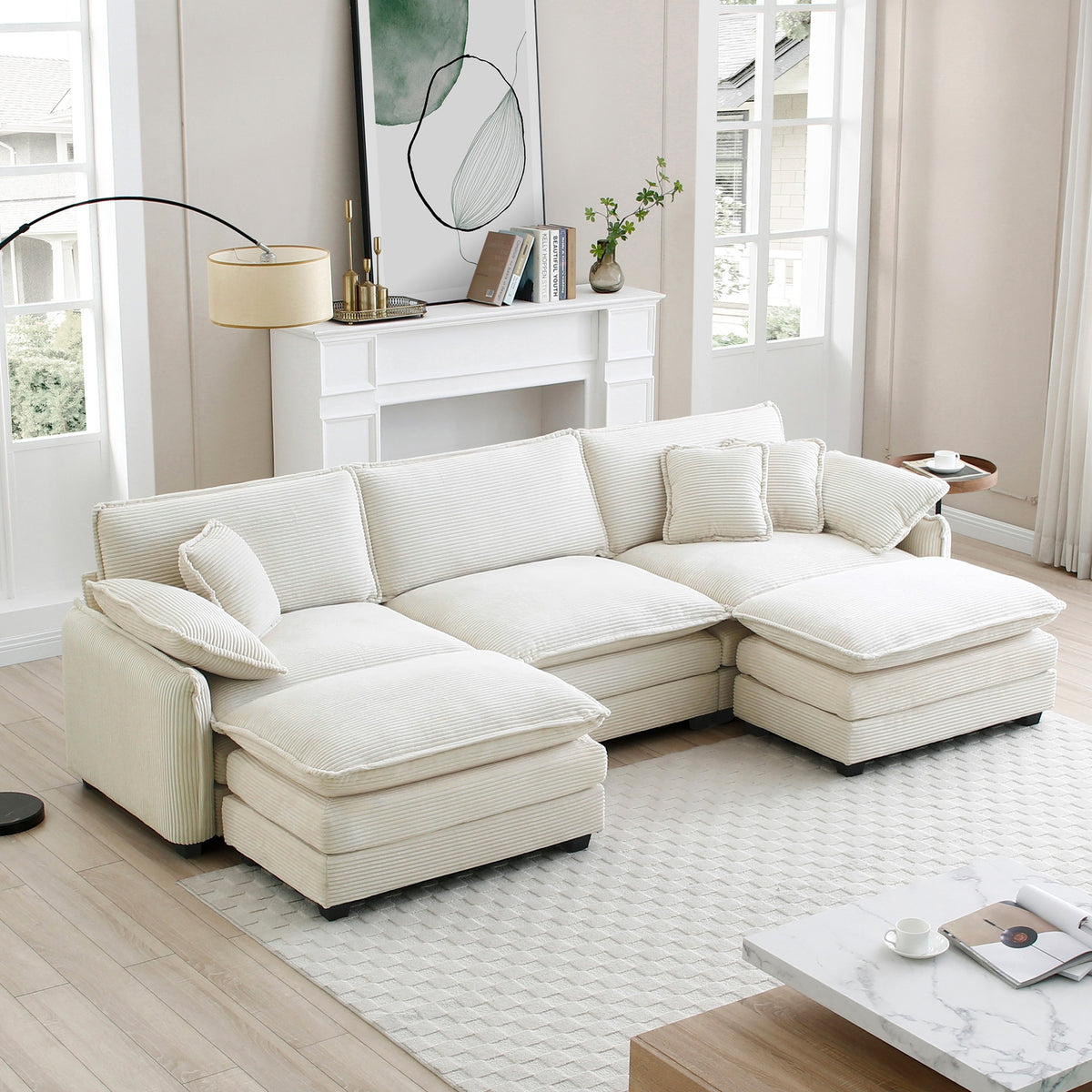 Oversized modular cushioned sofa with conversible ottoman, 3-seater sofa with 2 footstools, U shape sofa in Beige corduroy fabric