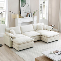 Oversized modular cushioned sofa with conversible ottoman, 3-seater sofa with 2 footstools, U shape sofa in Beige corduroy fabric