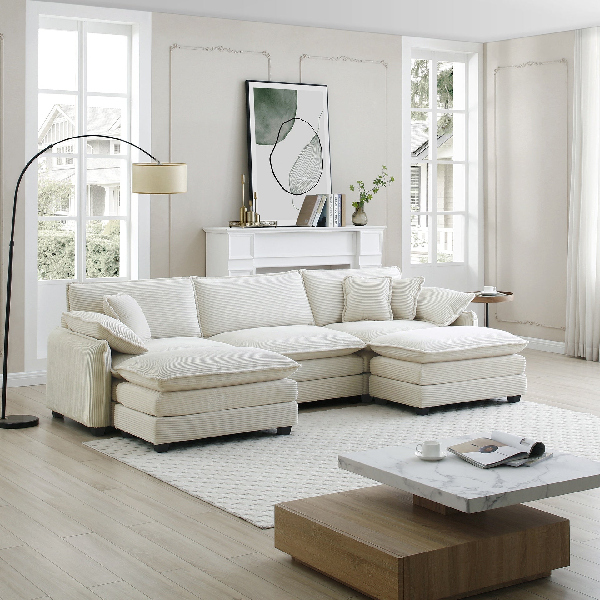 Oversized modular cushioned sofa with conversible ottoman, 3-seater sofa with 2 footstools, U shape sofa in Beige corduroy fabric
