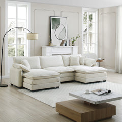 Oversized modular cushioned sofa with conversible ottoman, 3-seater sofa with 2 footstools, U shape sofa in Beige corduroy fabric