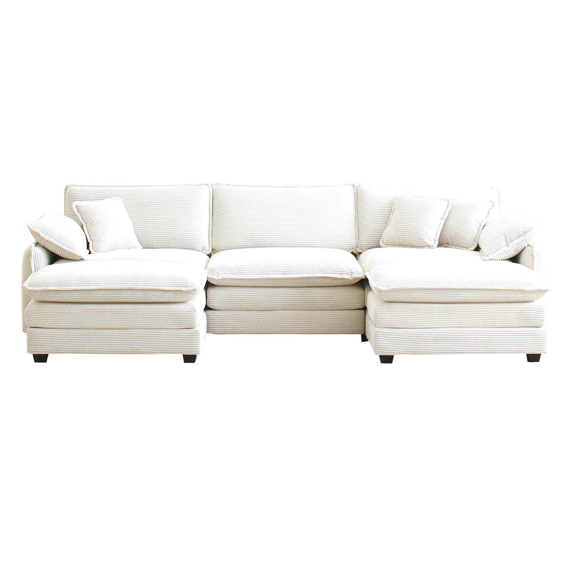 Oversized modular cushioned sofa with conversible ottoman, 3-seater sofa with 2 footstools, U shape sofa in Beige corduroy fabric