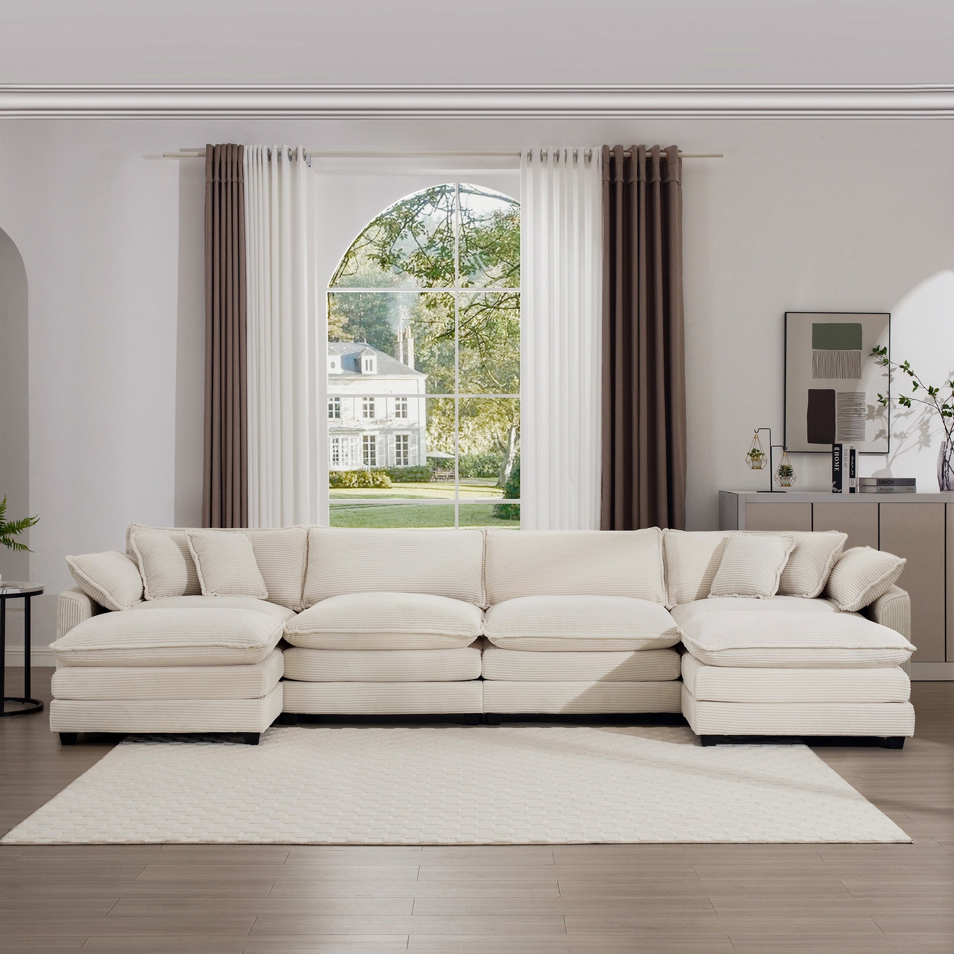 Cloud - like Comfy Soft Upholstered 4 Seater Modular Sofas with 2 Ottomans, 4-Seat U Shape Corduroy Fabric Sofa,Light Beige Corduroy Fabirc