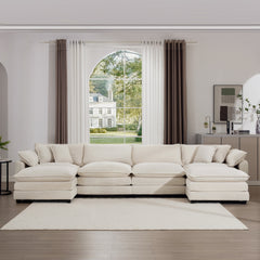 Cloud - like Comfy Soft Upholstered 4 Seater Modular Sofas with 2 Ottomans, 4-Seat U Shape Corduroy Fabric Sofa,Light Beige Corduroy Fabirc