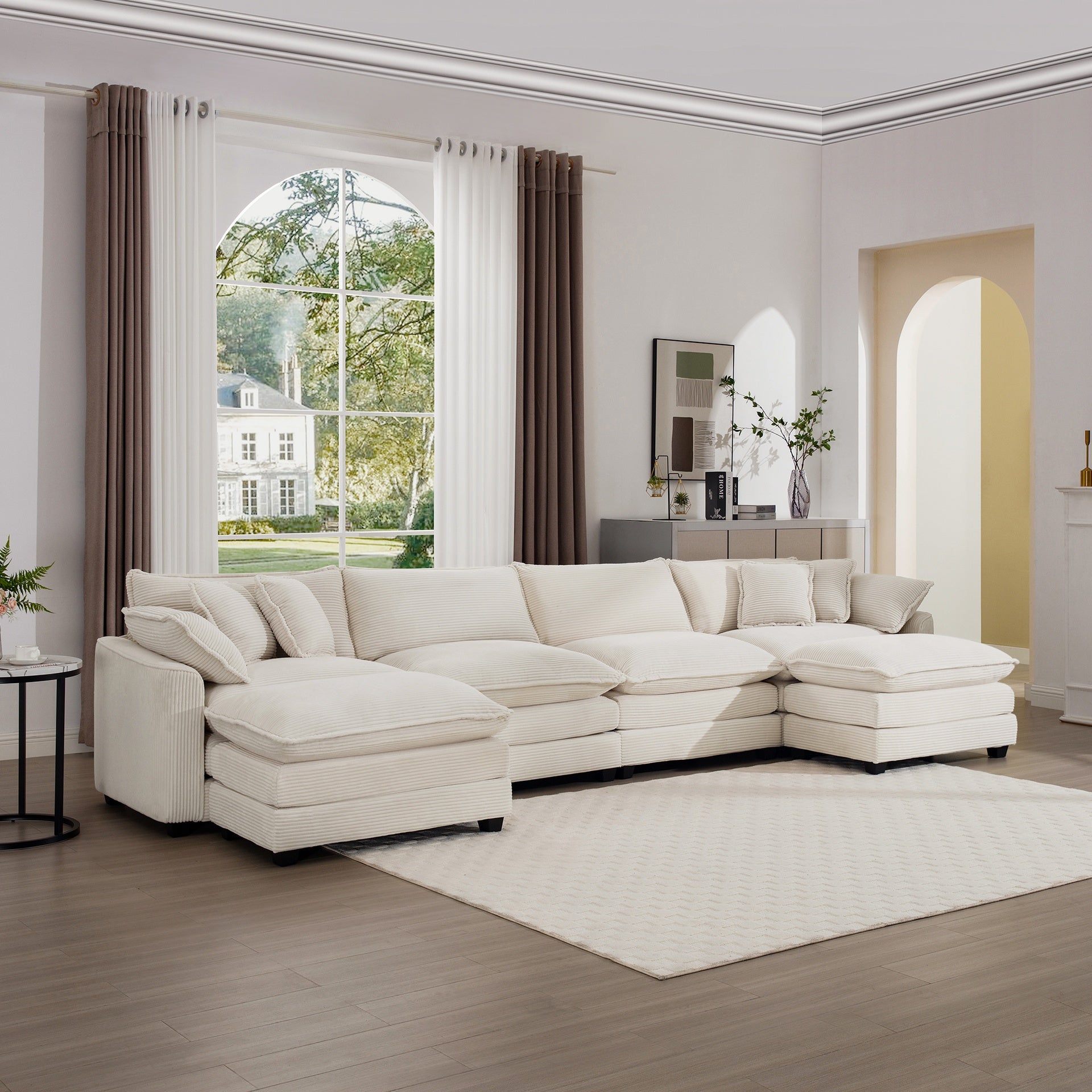 Cloud - like Comfy Soft Upholstered 4 Seater Modular Sofas with 2 Ottomans, 4-Seat U Shape Corduroy Fabric Sofa,Light Beige Corduroy Fabirc