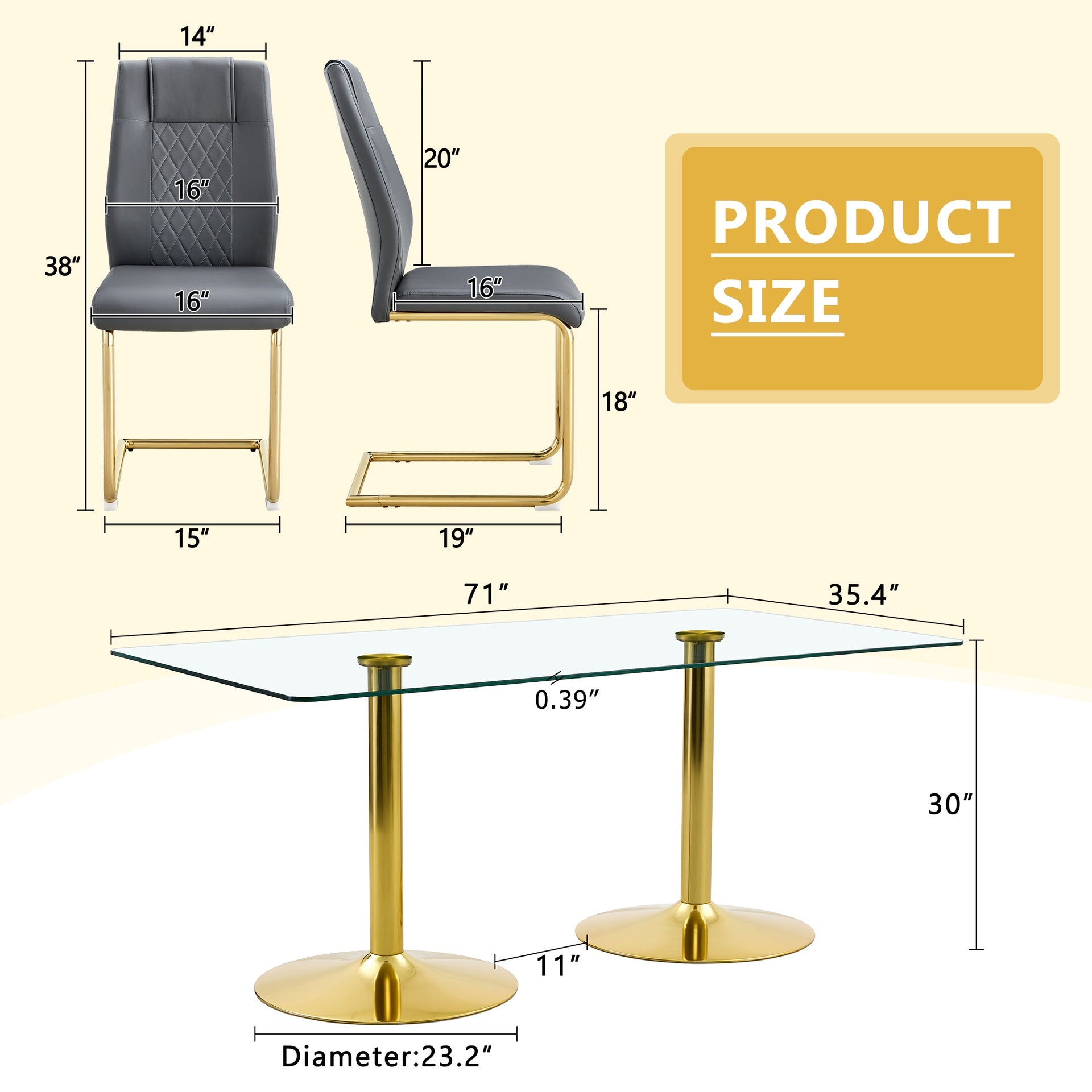 Table and chair set. 71 inch x 35.4-inch tempered glass table,Dark gray High-quality PU Chairs With Golden Arched Metal Legs, Modern Table & 8 Seater Dining Room Furniture Set for Family Gatherings.