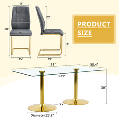 Table and chair set. 71 inch x 35.4-inch tempered glass table,Dark gray High-quality PU Chairs With Golden Arched Metal Legs, Modern Table & 8 Seater Dining Room Furniture Set for Family Gatherings.