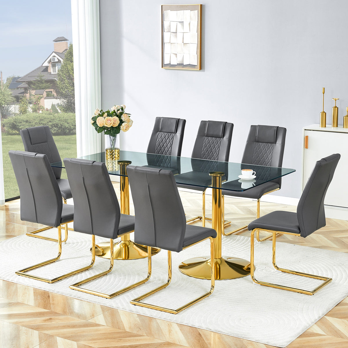 Table and chair set. 71 inch x 35.4-inch tempered glass table,Dark gray High-quality PU Chairs With Golden Arched Metal Legs, Modern Table & 8 Seater Dining Room Furniture Set for Family Gatherings.