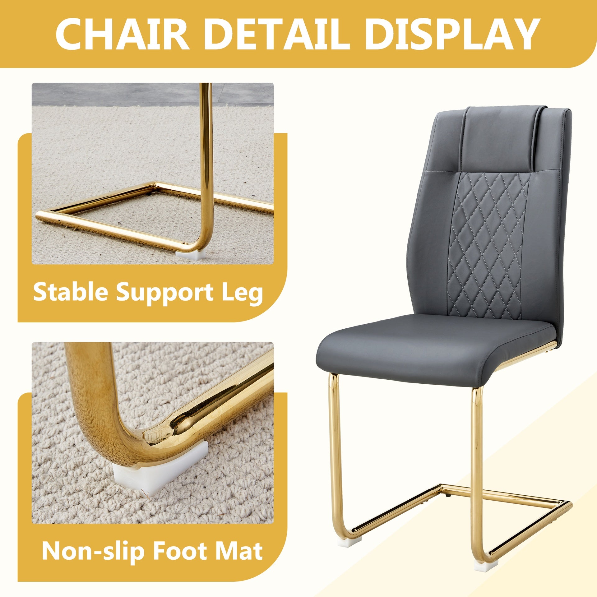 Table and chair set. 71 inch x 35.4-inch tempered glass table,Dark gray High-quality PU Chairs With Golden Arched Metal Legs, Modern Table & 8 Seater Dining Room Furniture Set for Family Gatherings.