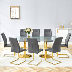Table and chair set. 71 inch x 35.4-inch tempered glass table,Dark gray High-quality PU Chairs With Golden Arched Metal Legs, Modern Table & 8 Seater Dining Room Furniture Set for Family Gatherings.