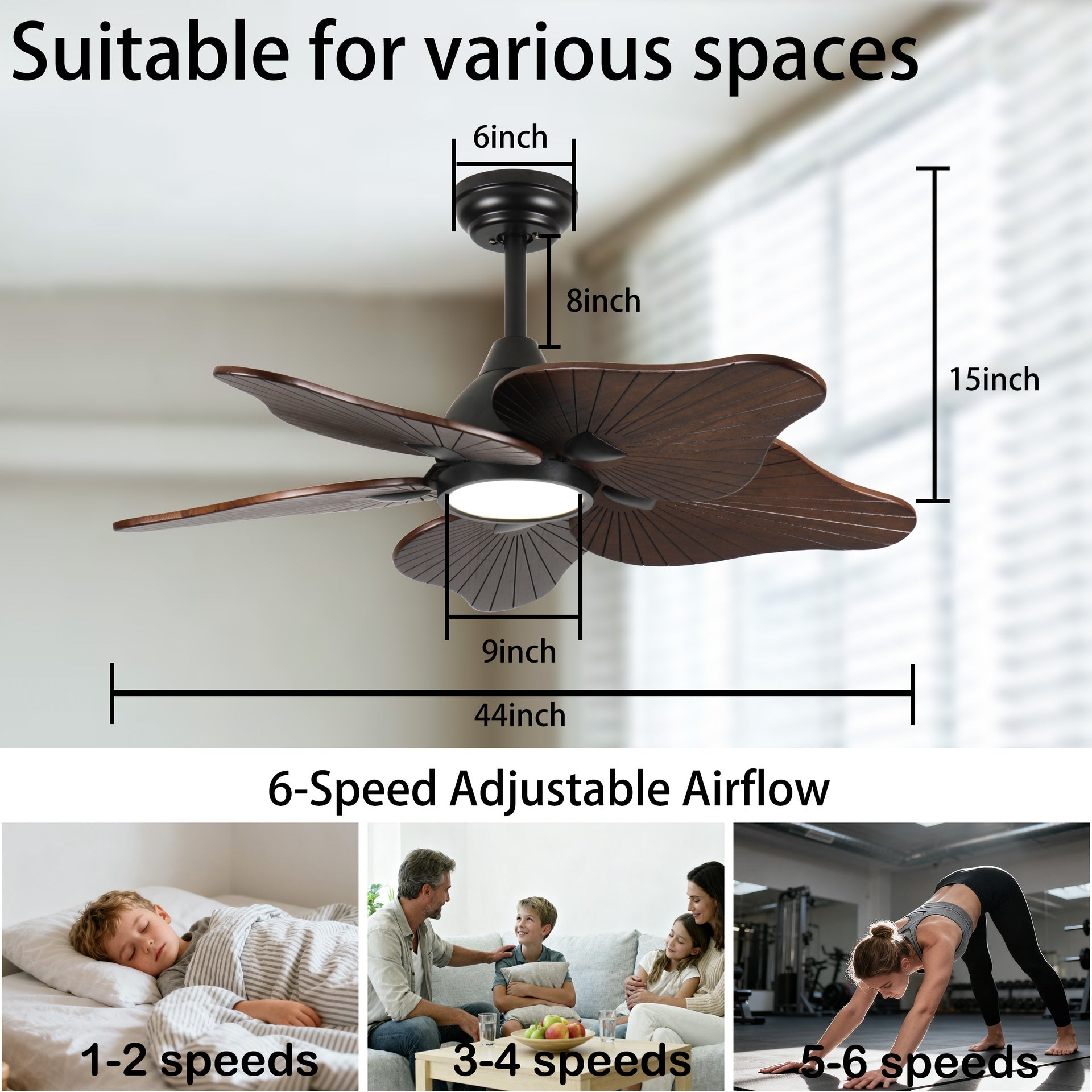 44-Inch Ceiling Fan with Light, 5 Solid Wood Blades, DC Motor, APP & Remote Control, Dimmable Full-Spectrum LED, Reversible Airflow, for 15x15 ft Living Room Bedroom, Works on Sloped Ceilings (<15°)