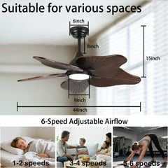 44-Inch Ceiling Fan with Light, 5 Solid Wood Blades, DC Motor, APP & Remote Control, Dimmable Full-Spectrum LED, Reversible Airflow, for 15x15 ft Living Room Bedroom, Works on Sloped Ceilings (<15°)