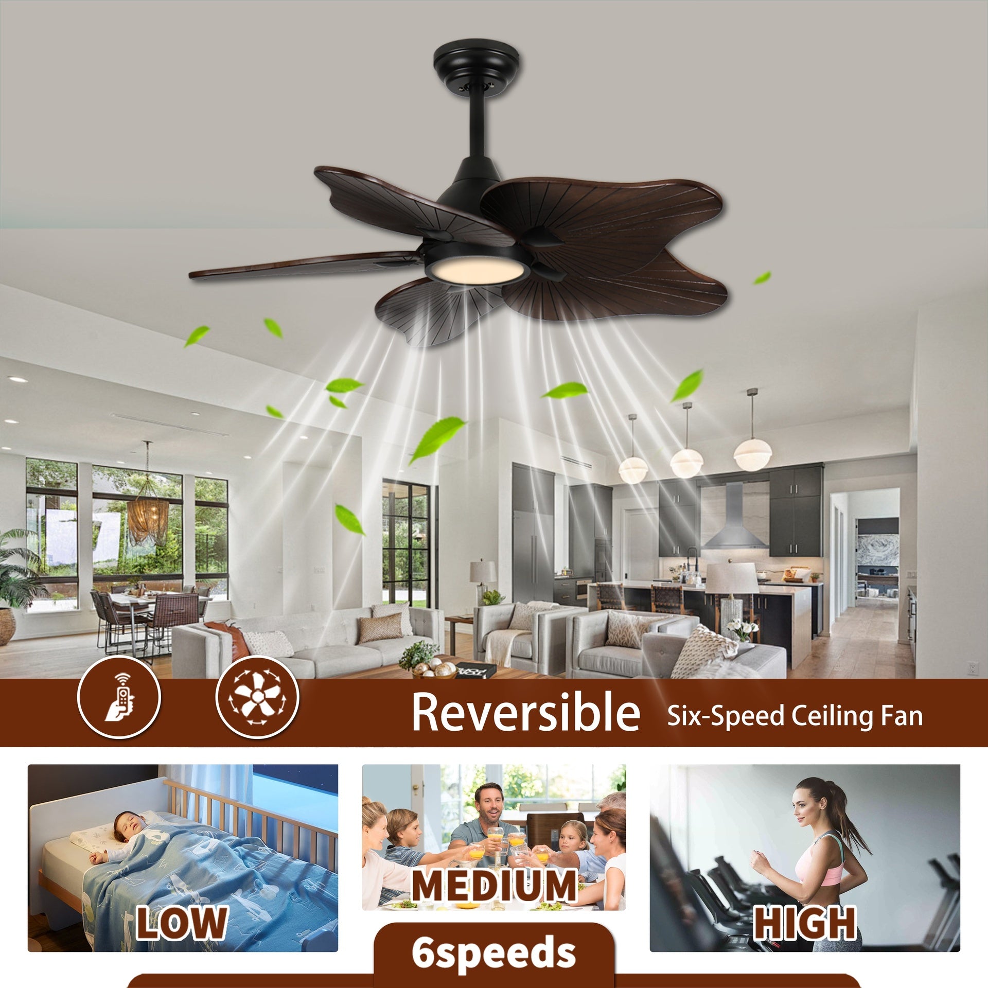 44-Inch Ceiling Fan with Light, 5 Solid Wood Blades, DC Motor, APP & Remote Control, Dimmable Full-Spectrum LED, Reversible Airflow, for 15x15 ft Living Room Bedroom, Works on Sloped Ceilings (<15°)