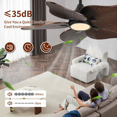 44-Inch Ceiling Fan with Light, 5 Solid Wood Blades, DC Motor, APP & Remote Control, Dimmable Full-Spectrum LED, Reversible Airflow, for 15x15 ft Living Room Bedroom, Works on Sloped Ceilings (<15°)