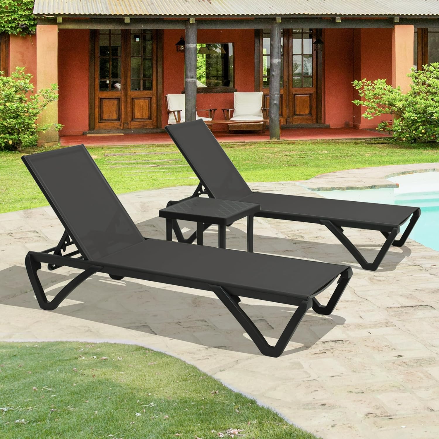 Pool Lounge Chairs Set of 2 with Side Table, Aluminum Adjustable Outdoor Chaise Lounge with Wheels, All Weather Poolside Chairs for Deck Lawn Patio Backyard, Textilene- Dark Gray