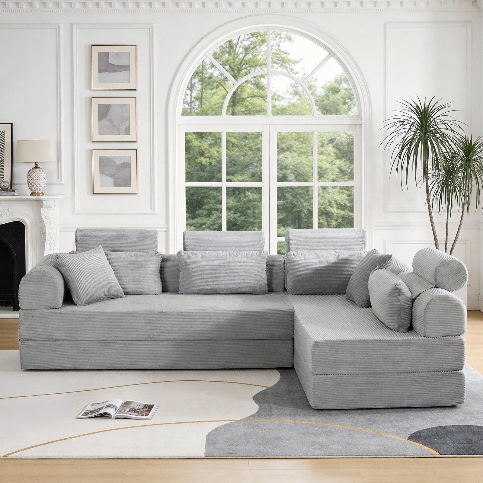 L shape Modular Sectional Sofa, Compressed Sectional Sofa Modern Minimalist Style Corduroy Couch,Unfold into a bed, Bedroom, Comfy Compressed Sofa Couch Space-Efficient Design(Light Gray)