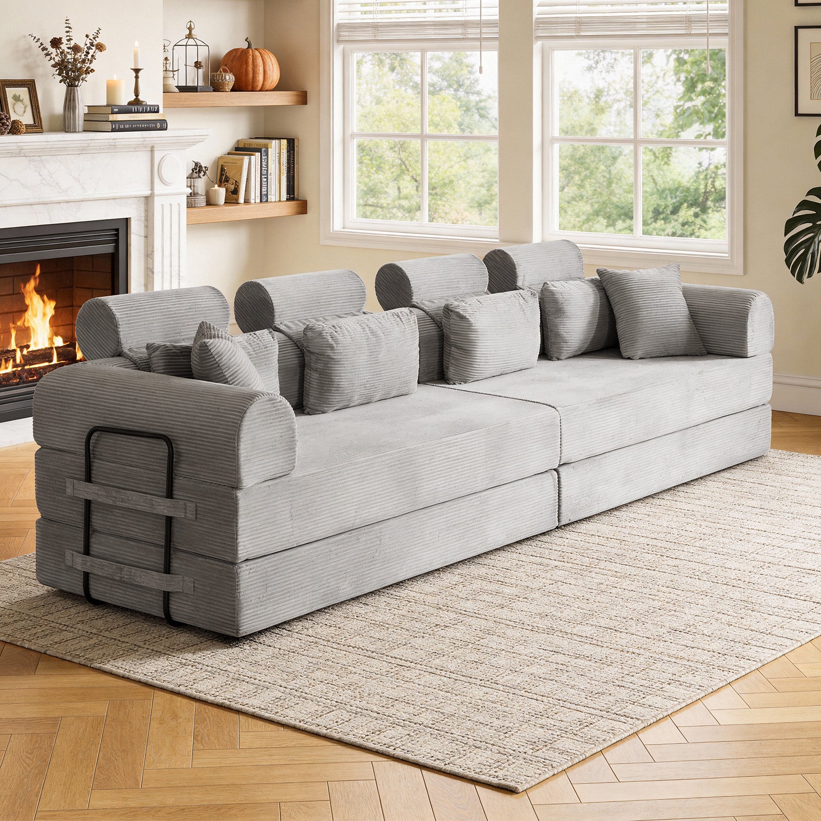 L shape Modular Sectional Sofa, Compressed Sectional Sofa Modern Minimalist Style Corduroy Couch,Unfold into a bed, Bedroom, Comfy Compressed Sofa Couch Space-Efficient Design(Light Gray)