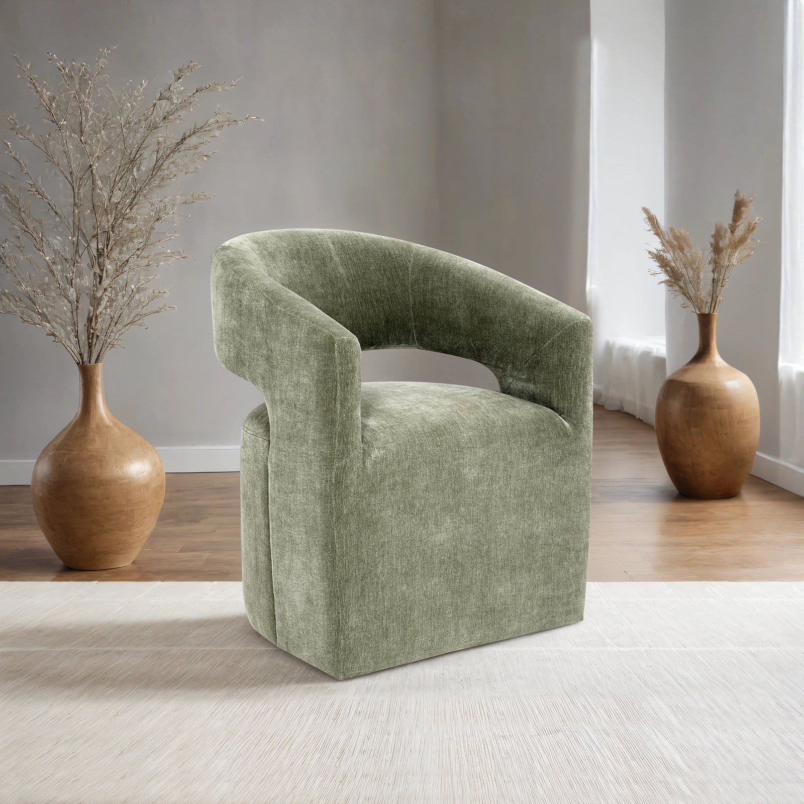 Contemporary Style 1pc Arm Chair With Caster Barrel Back Design Neutral Textured Fabric Green Finish Primary Living Room