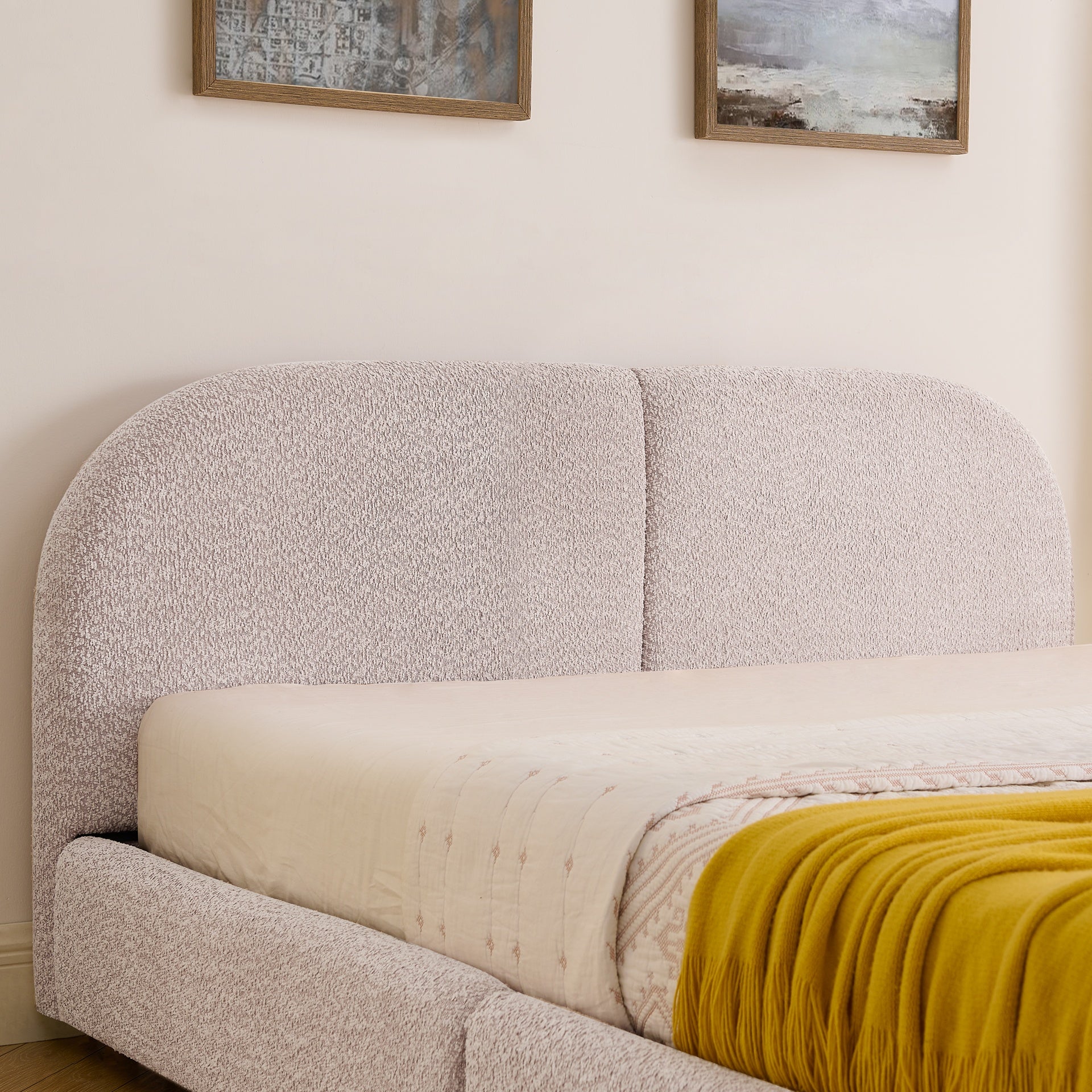 Queen Size Upholstered Bed Frame Modern Minimalist Style - Circle Yarn Fabric, Tall Curved Headboard, Sturdy Leg Support & Wheeled Drawer Storage, Mattress Not Included -Pink