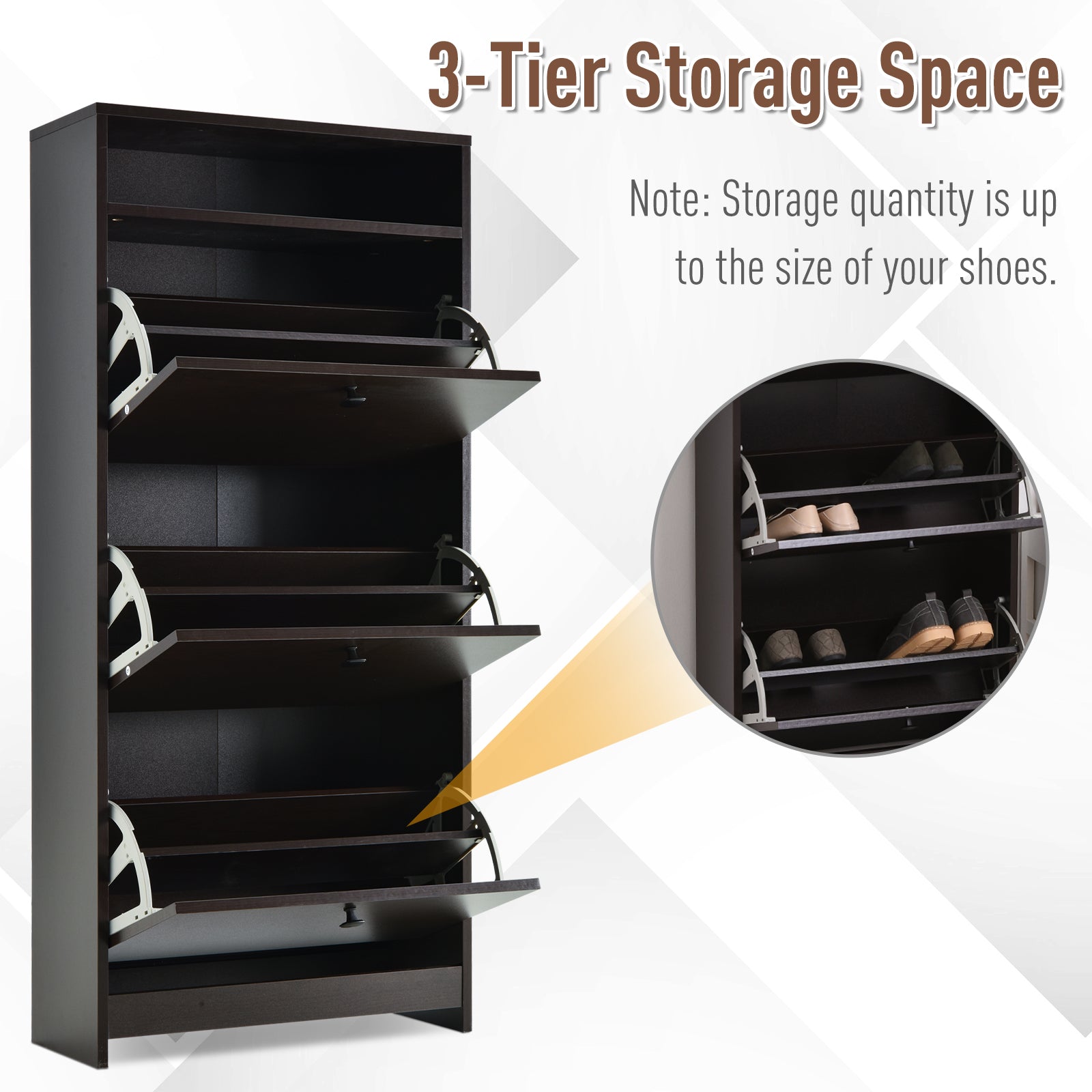 HOMCOM Slim Shoe Cabinet, Trendy Shoe Storage Cabinet with 3 Large Fold-Out Drawers & a Spacious Top Surface for Small Items, Espresso