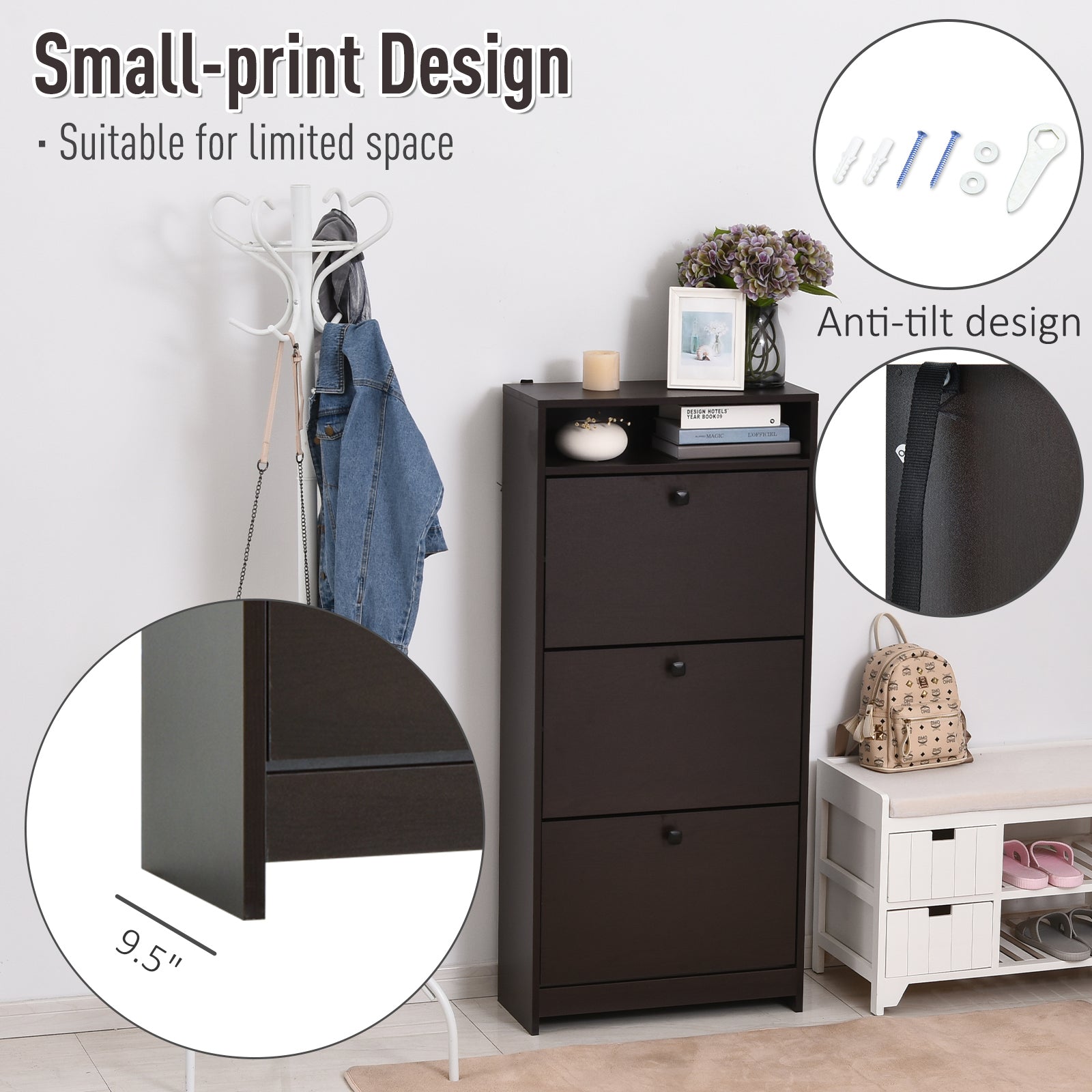 HOMCOM Slim Shoe Cabinet, Trendy Shoe Storage Cabinet with 3 Large Fold-Out Drawers & a Spacious Top Surface for Small Items, Espresso