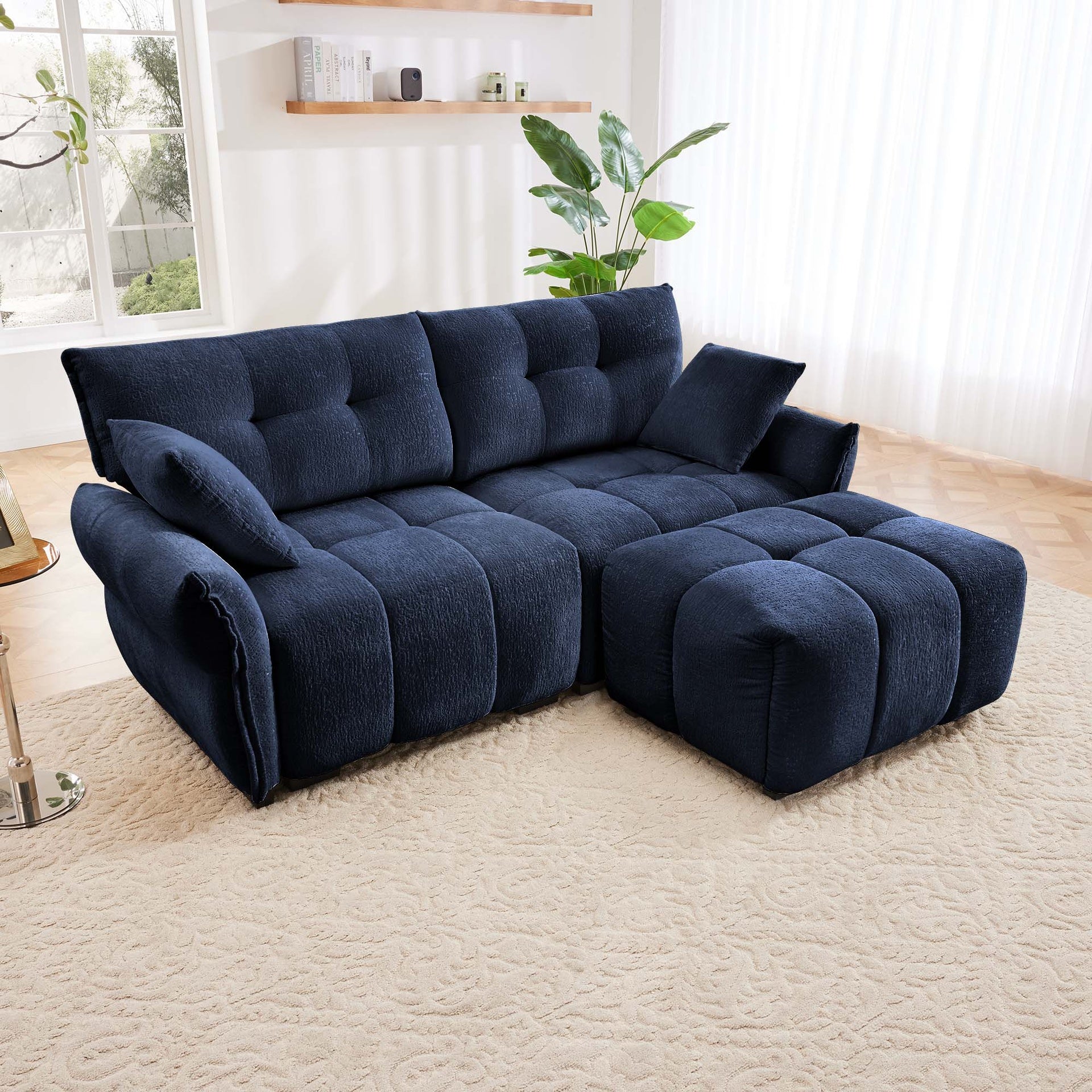 Modern Chenille Fabric 2-Seater Sofa with Ottoman - Minimalist Design with Textured Fabric - Ideal for Living Room, Apartment or Dorm - Blue