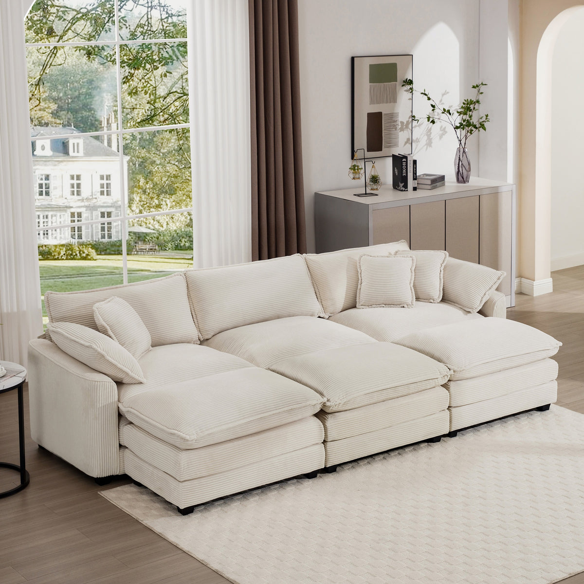 Oversized Modular Cushioned Sofa with 3 Ottomans, Modular Sofa Set to work as Sleeper Sofa Bed , 6 - Piece Sofa Set with One 3 Seater Sofa and Three Ottomans, Light Beige Corduroy