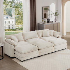 Oversized Modular Cushioned Sofa with 3 Ottomans, Modular Sofa Set to work as Sleeper Sofa Bed , 6 - Piece Sofa Set with One 3 Seater Sofa and Three Ottomans, Light Beige Corduroy